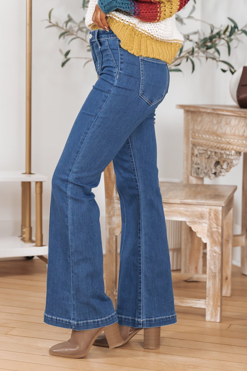 Dark Wash Seam Detail Flare Jeans - FINAL SALE