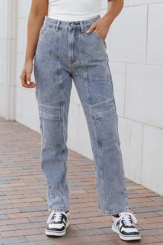 Denim Seam Detail Cargo Straight Leg Jeans - Magnolia Boutique
