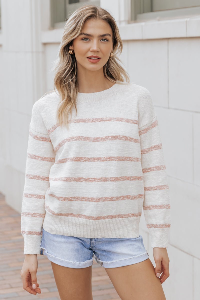 Dusty Coral Long Sleeve Striped Sweater - Magnolia Boutique
