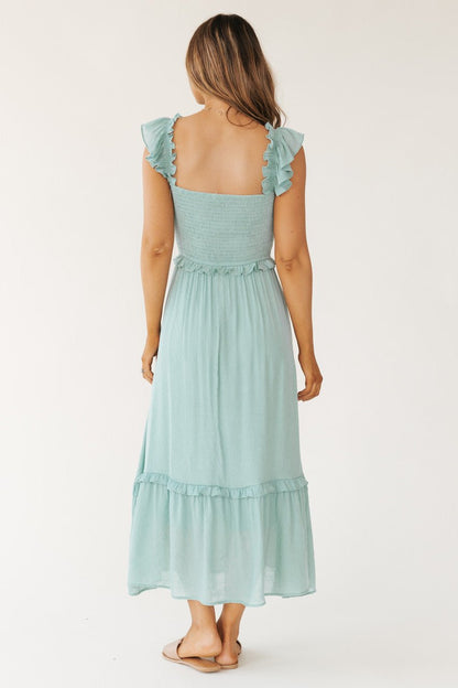 Dusty Mint Short Ruffle Sleeve Tiered Midi Dress - Magnolia Boutique