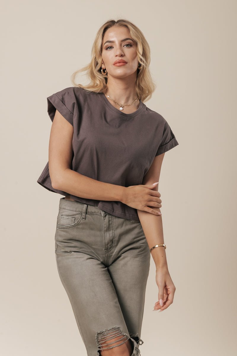 Editor's Choice Charcoal Cotton Cuff Sleeve Top - Magnolia Boutique