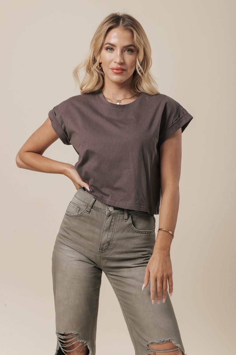 Editor's Choice Charcoal Cotton Cuff Sleeve Top - Magnolia Boutique