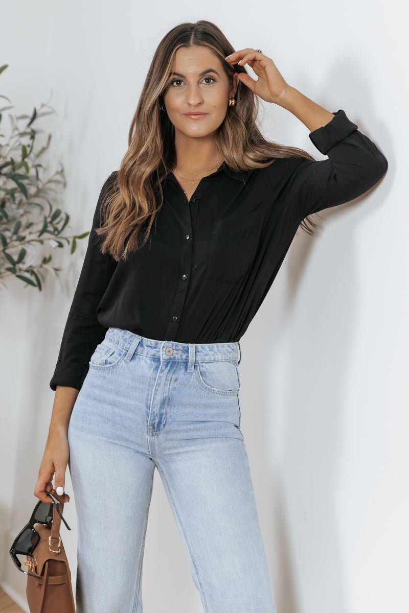 Elevated Basic Button Down Shirt - Black - Magnolia Boutique
