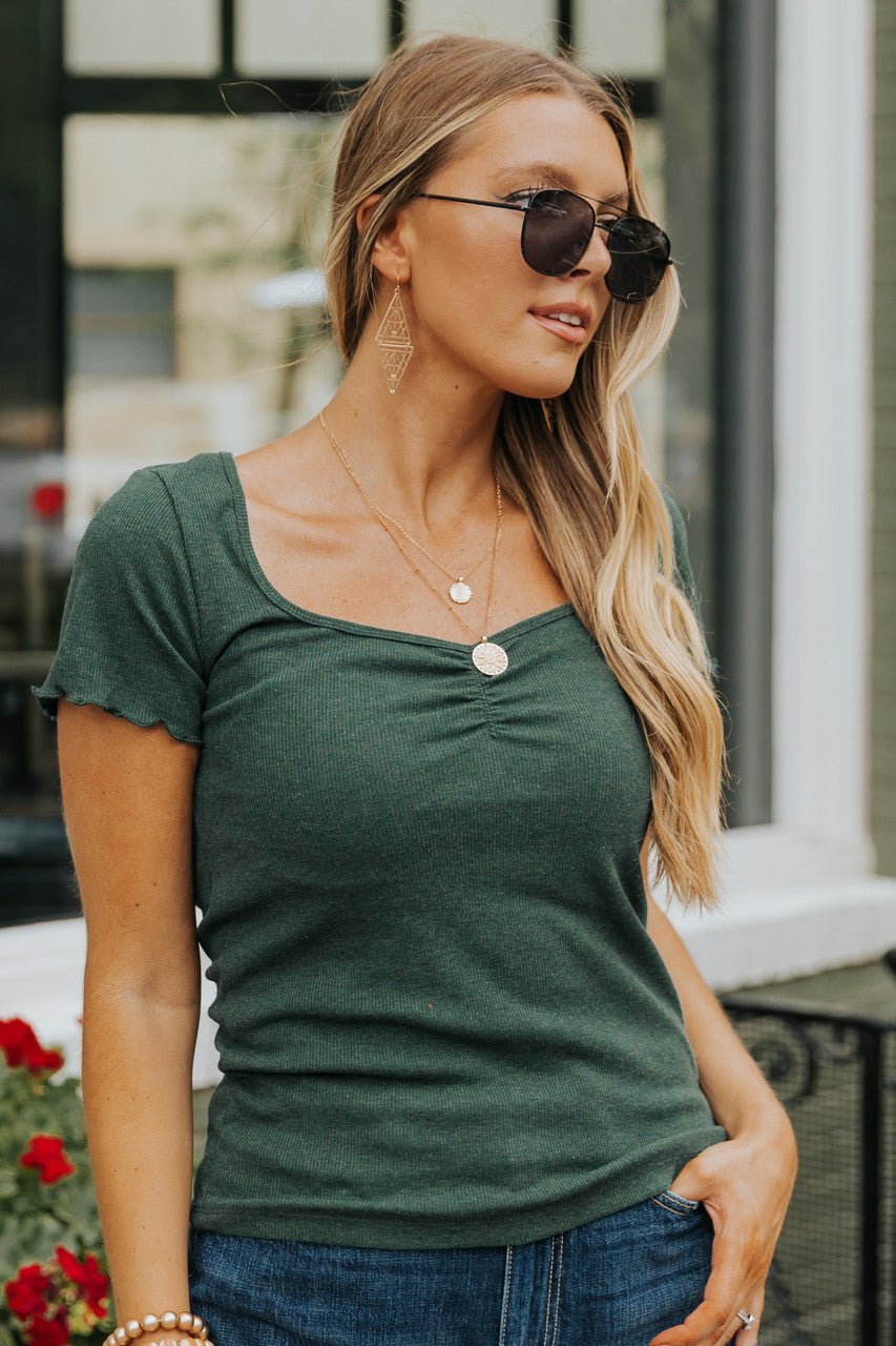 Essential Ribbed Basic Forest Green Ruched Baby Tee - FINAL SALE - Magnolia Boutique