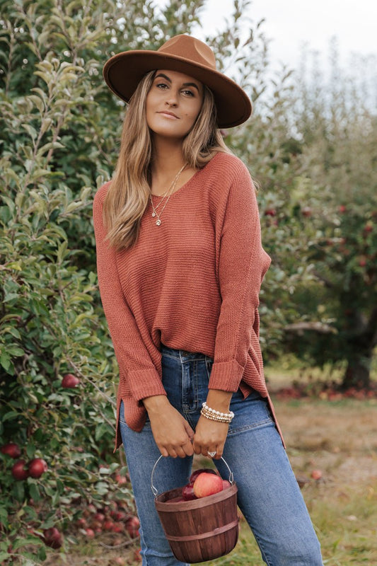 Falling For You Brick Long Sleeve V Neck Sweater - Magnolia Boutique