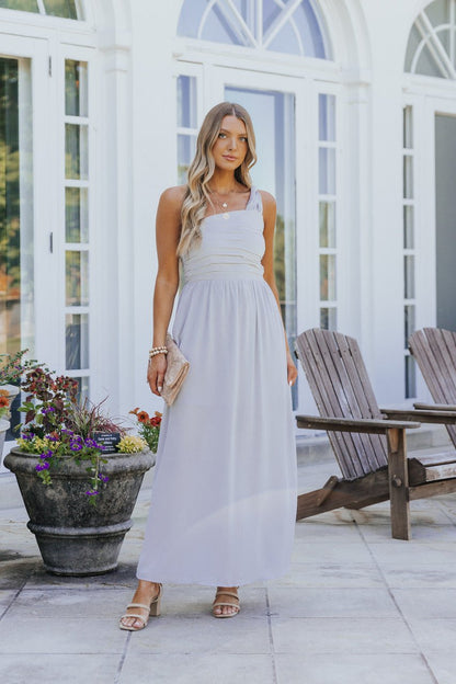 Fallon Misty Grey One Shoulder Pleated Maxi Dress - FINAL SALE - Magnolia Boutique