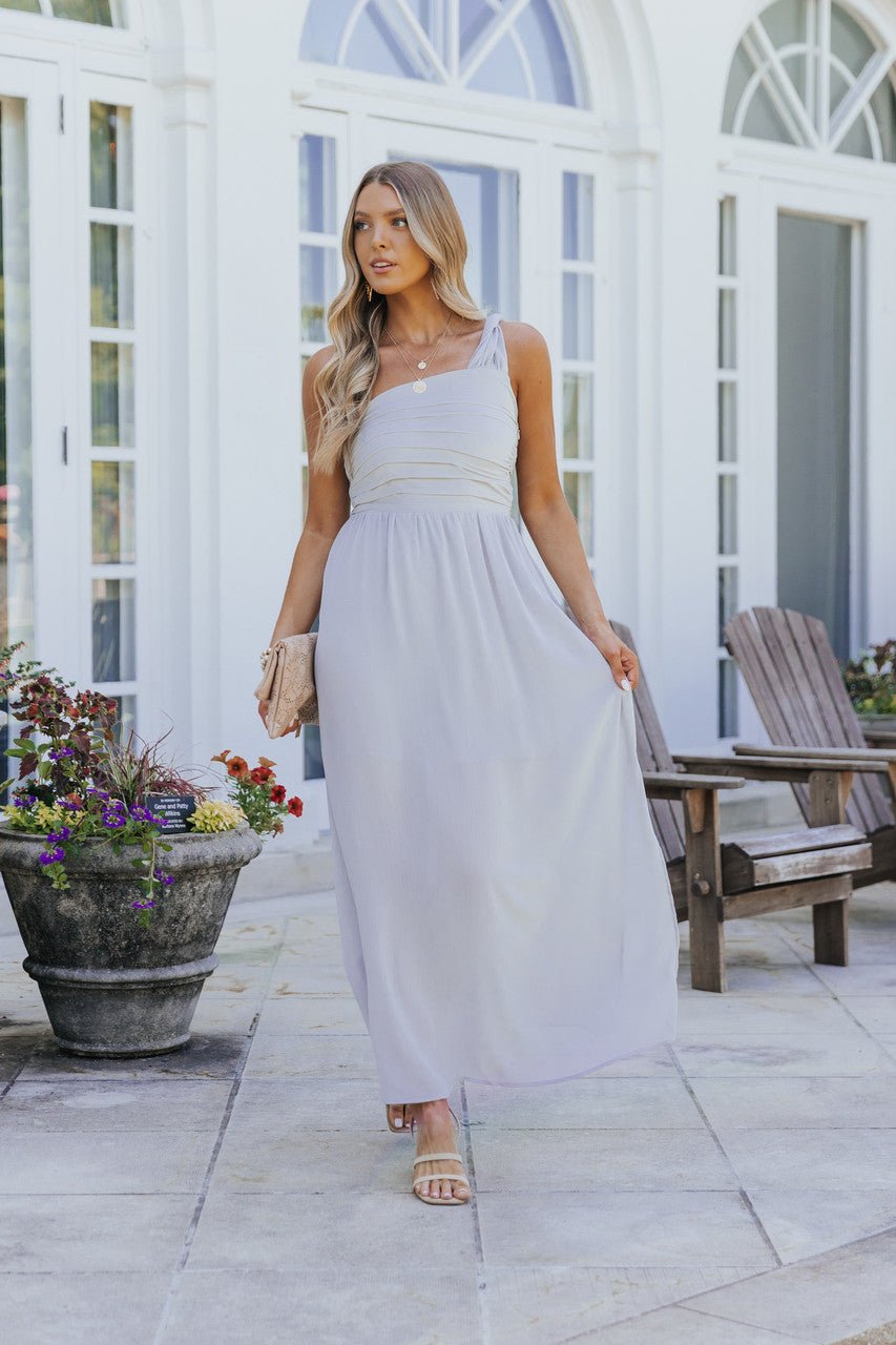 Fallon Misty Grey One Shoulder Pleated Maxi Dress - FINAL SALE - Magnolia Boutique