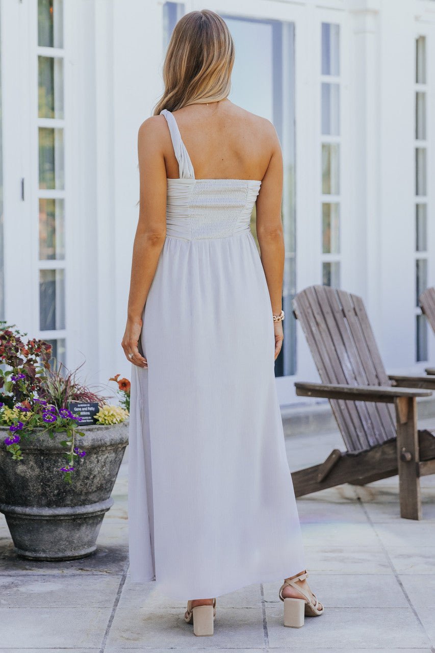 Fallon Misty Grey One Shoulder Pleated Maxi Dress - FINAL SALE - Magnolia Boutique