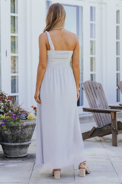 Fallon Misty Grey One Shoulder Pleated Maxi Dress - FINAL SALE - Magnolia Boutique