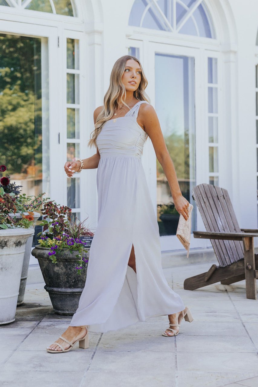Fallon Misty Grey One Shoulder Pleated Maxi Dress - FINAL SALE - Magnolia Boutique