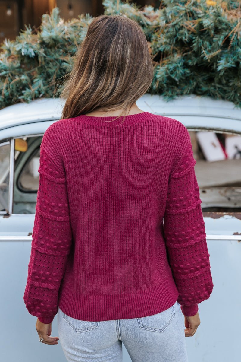 Feliz Navidad Textured Long Sleeve Sweater - Red - Magnolia Boutique