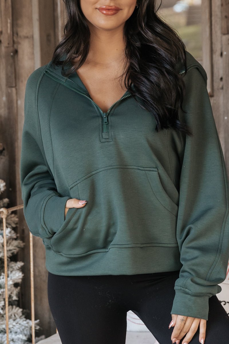 Forest Green Half Zip Up Hoodie Pullover - Magnolia Boutique