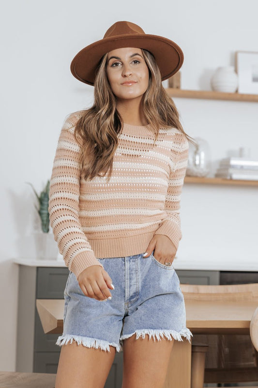 Georgia Peach Crochet Striped Sweater - Magnolia Boutique