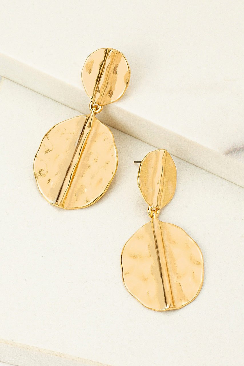Gold Double Folded Hammered Disk Drop Earrings - FINAL SALE - Magnolia Boutique