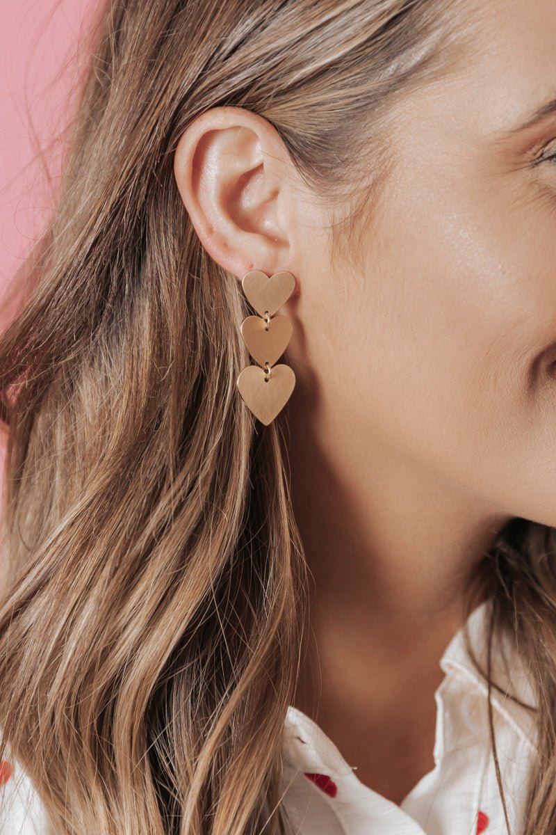 Gold Triple Heart Shaped Dangle Earrings - Magnolia Boutique