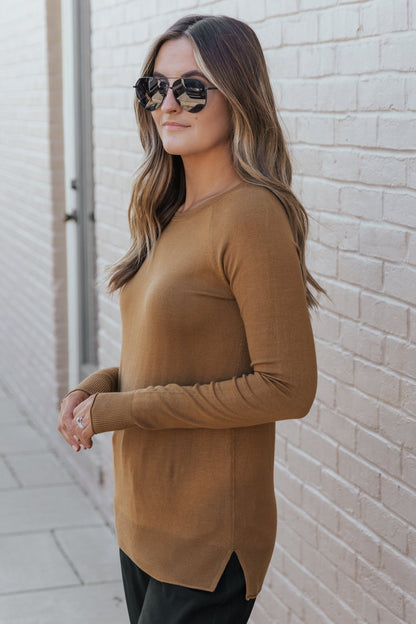 Golden Brown Long Sleeve Ribbed Sweater - Magnolia Boutique