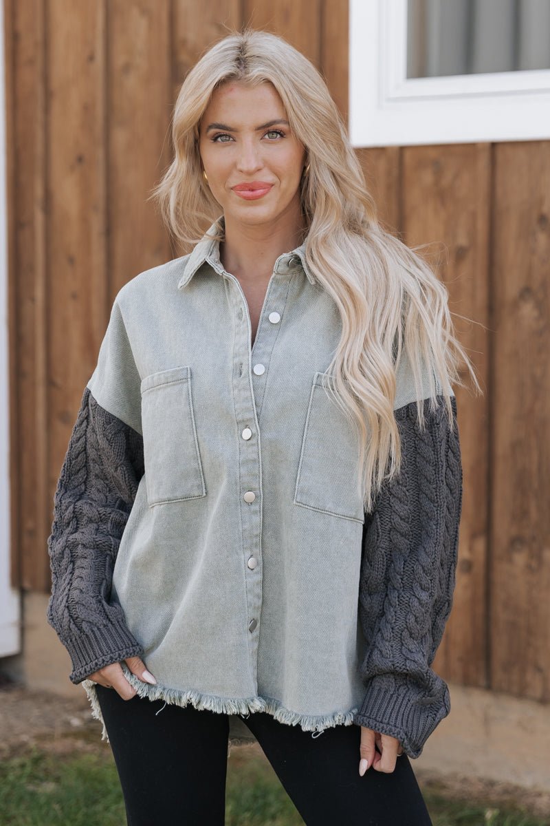 Green Contrast Sleeve Button Down Shacket - Magnolia Boutique