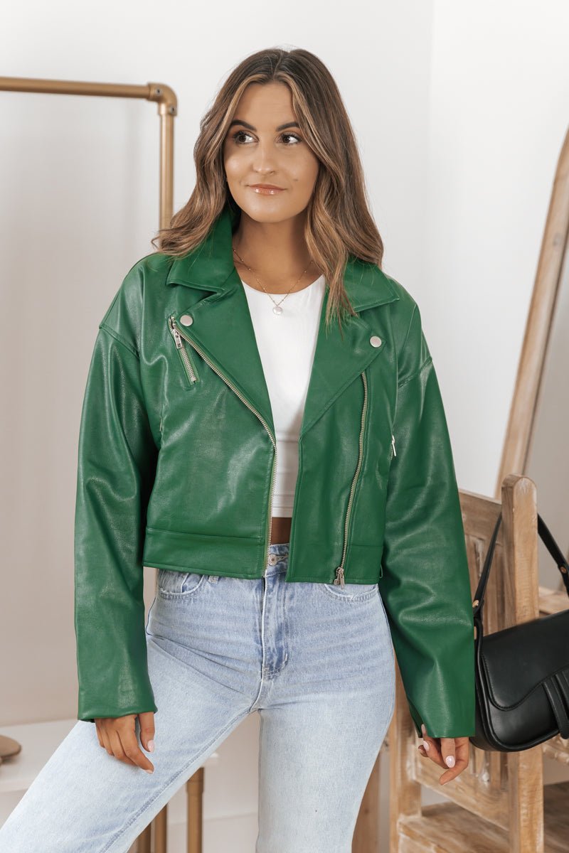 Green leather clearance moto jacket women's