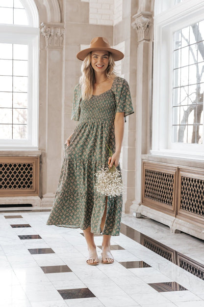 Green Floral Print Tiered Midi Dress - Magnolia Boutique