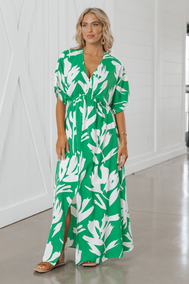 Green Floral Print V Neck Maxi Dress - Magnolia Boutique