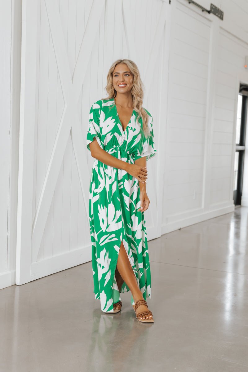 Green Floral Print V Neck Maxi Dress - Magnolia Boutique