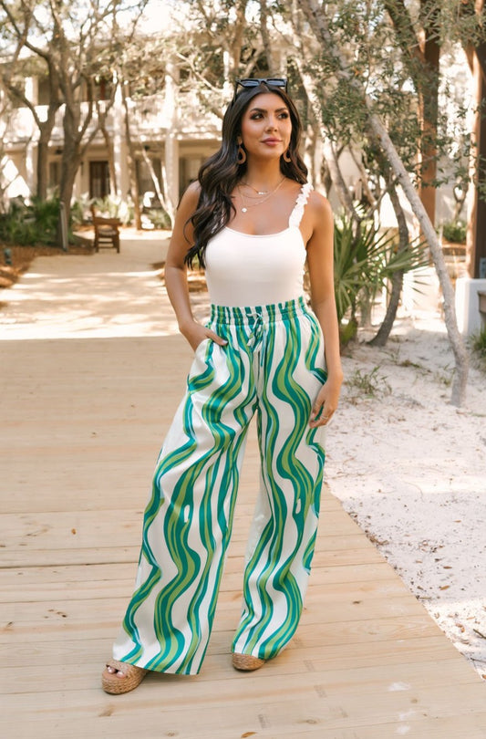 Green Print High Waisted Silk Pants - Magnolia Boutique