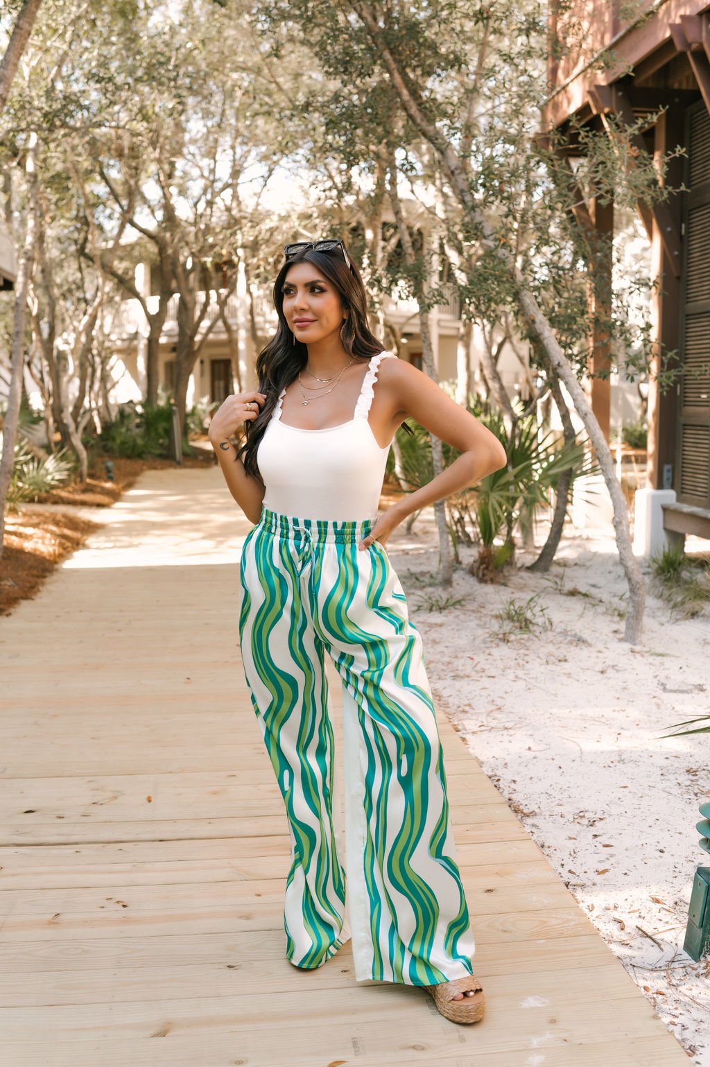 Green Print High Waisted Silk Pants - Magnolia Boutique