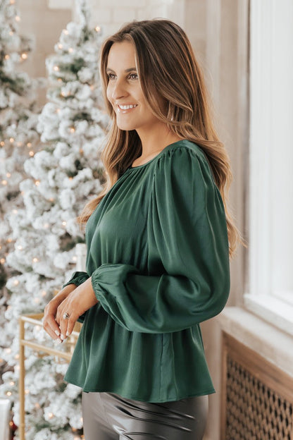 Green Puff Sleeve Satiny Top - Magnolia Boutique