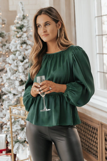 Green Puff Sleeve Satiny Top - Magnolia Boutique
