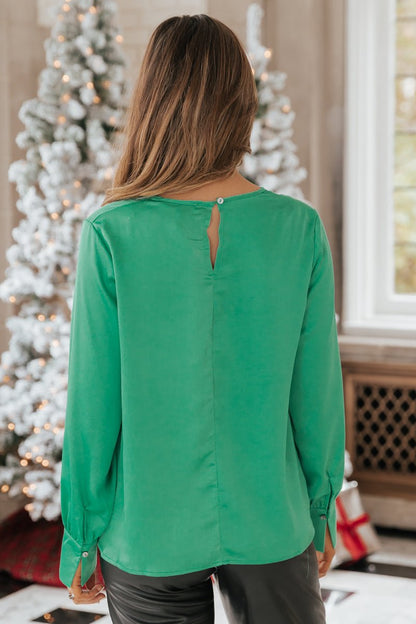 Green Satin Long Sleeve Top - Magnolia Boutique