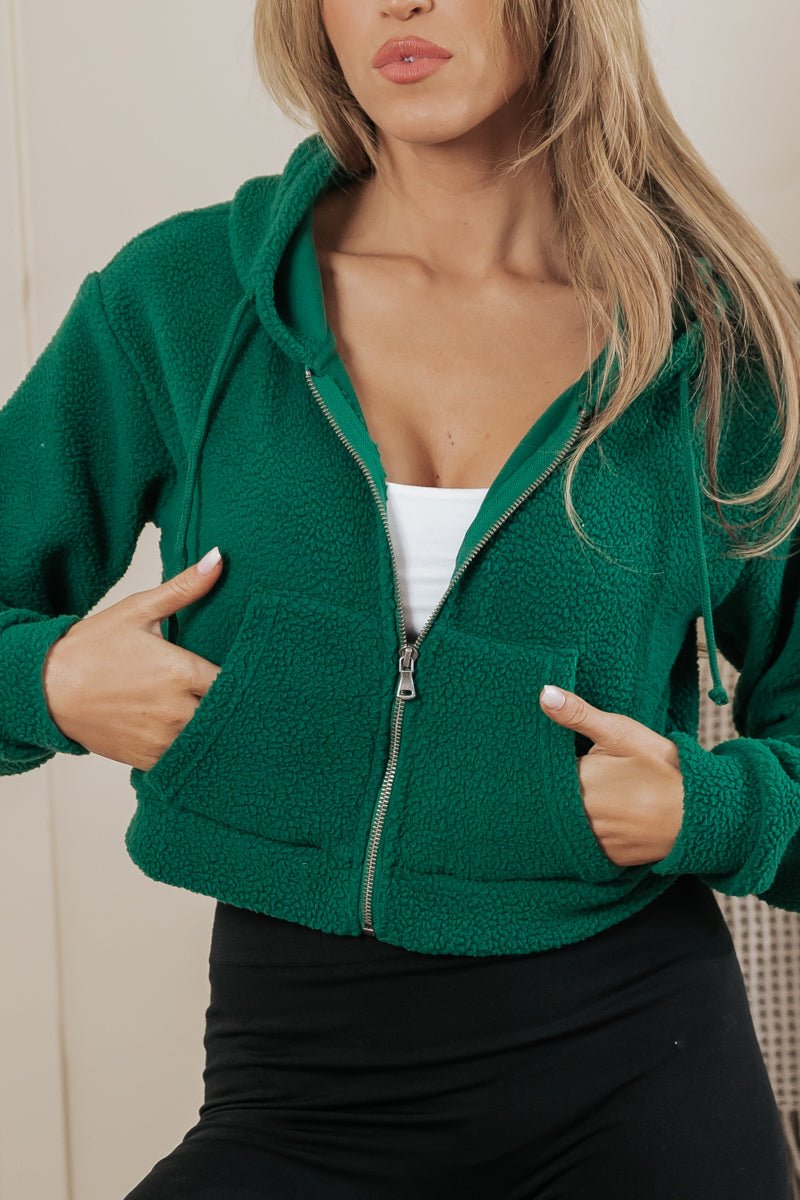 Green Sherpa Cropped Zip Up Hoodie - Doorbuster - Magnolia Boutique