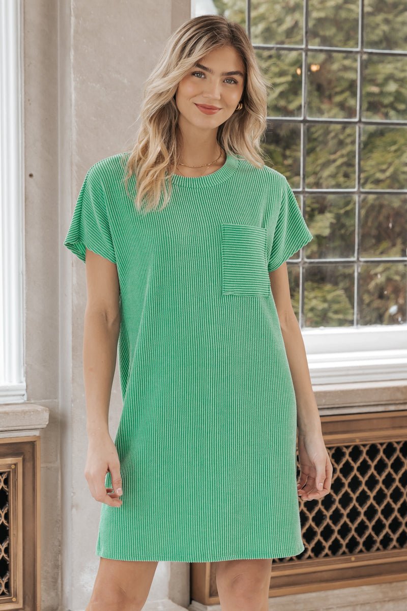 Green Short Sleeve Ribbed Mini Dress - Magnolia Boutique