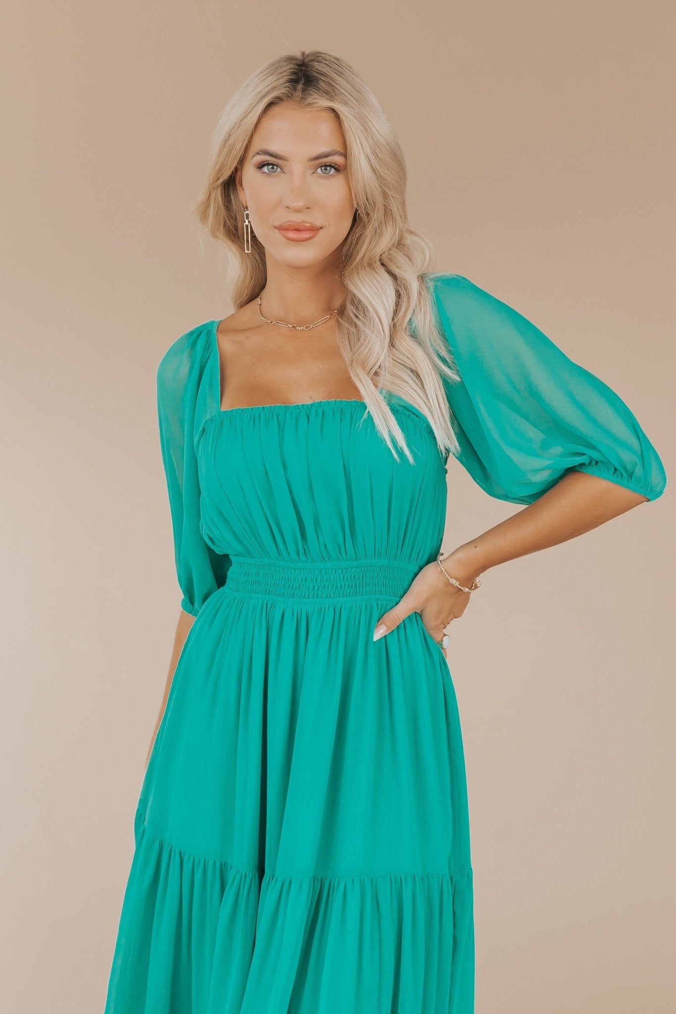 Green Smocked Chiffon Midi Dress - Magnolia Boutique