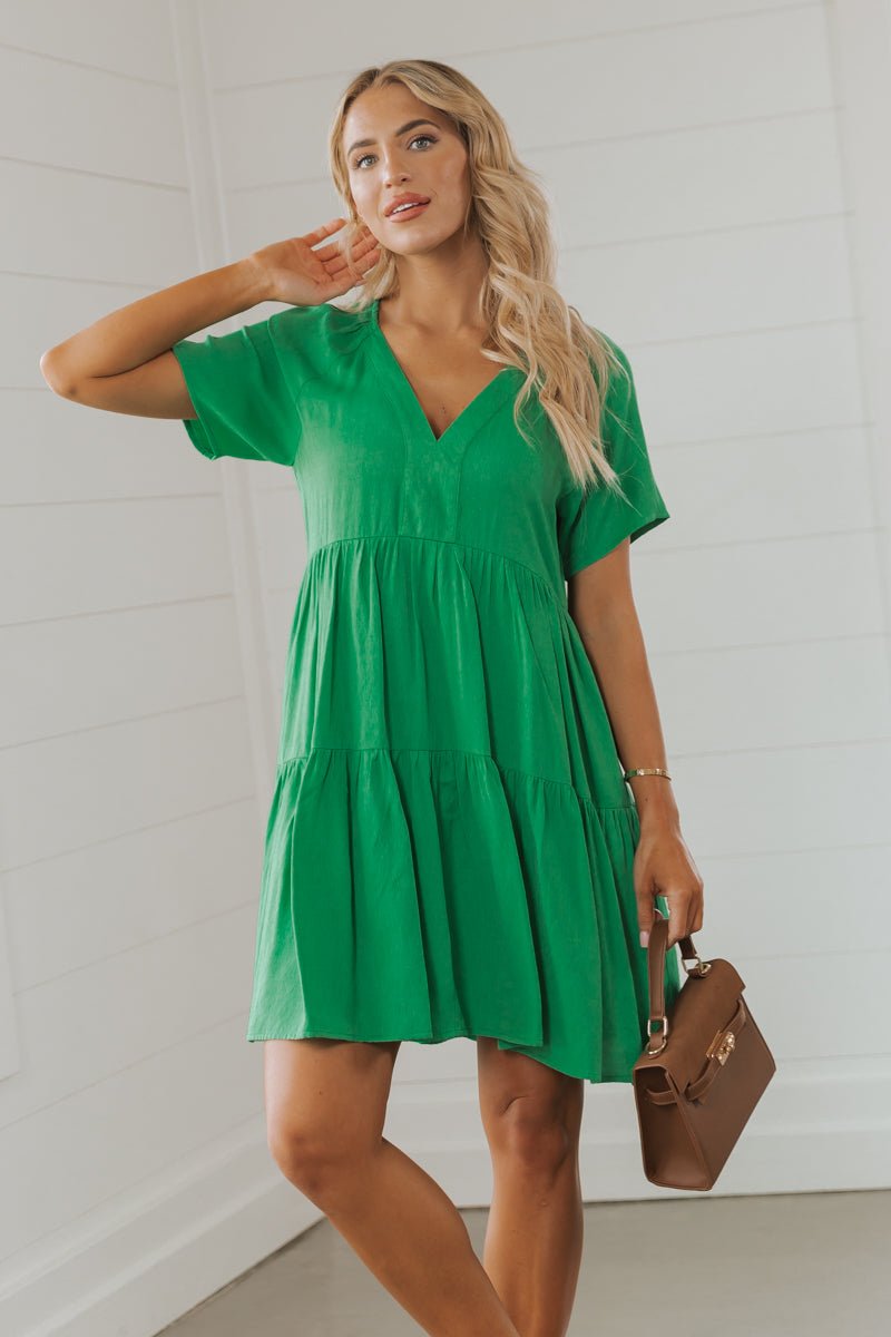 Green V Neck Tiered Mini Dress | Pre Order - Magnolia Boutique