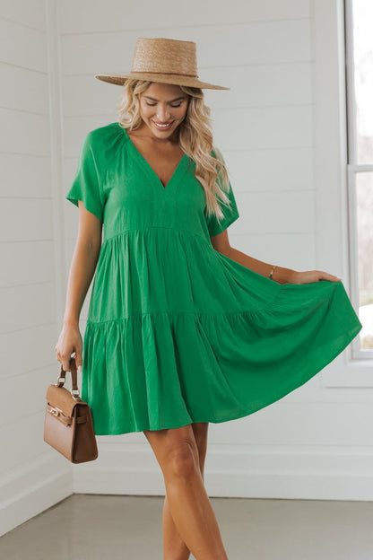 Green V Neck Tiered Mini Dress | Pre Order - Magnolia Boutique