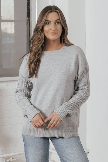 Grey Cable Knit Sleeve Pullover Sweater - Magnolia Boutique