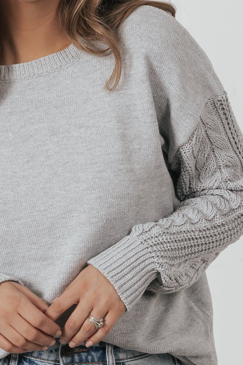 Grey Cable Knit Sleeve Pullover Sweater - Magnolia Boutique