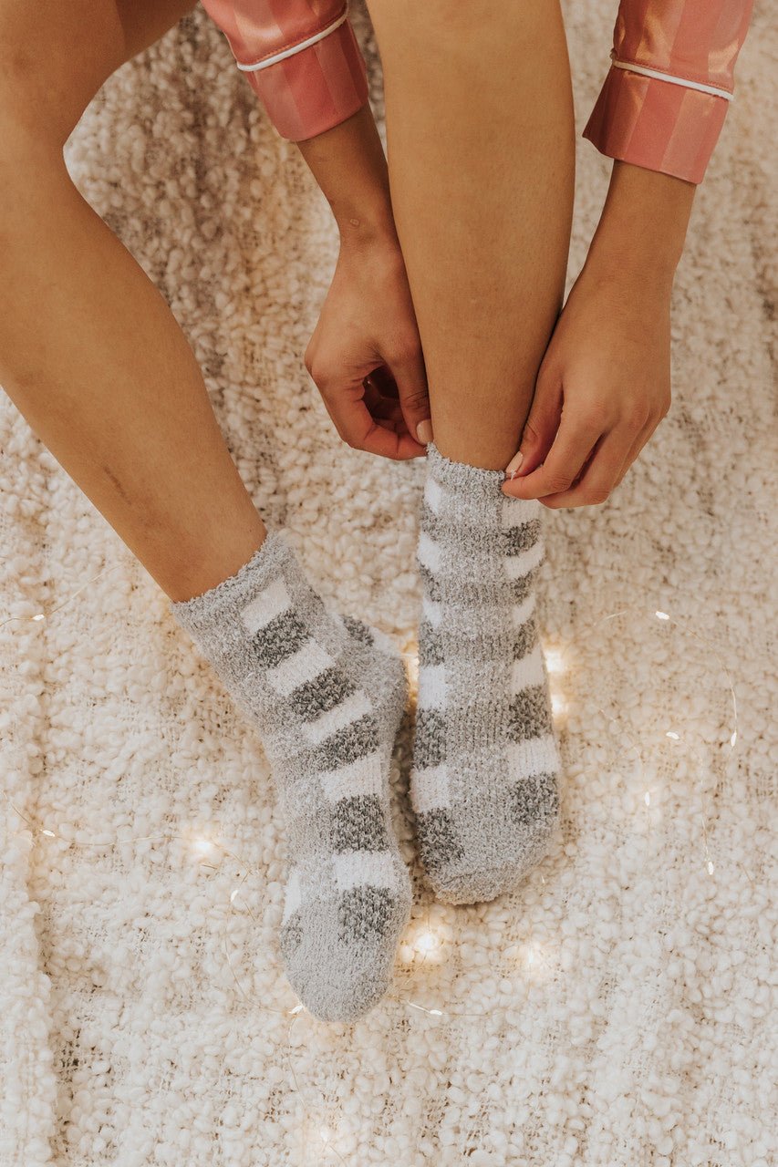 Grey Gingham Plaid Fuzzy Socks - FINAL SALE - Magnolia Boutique