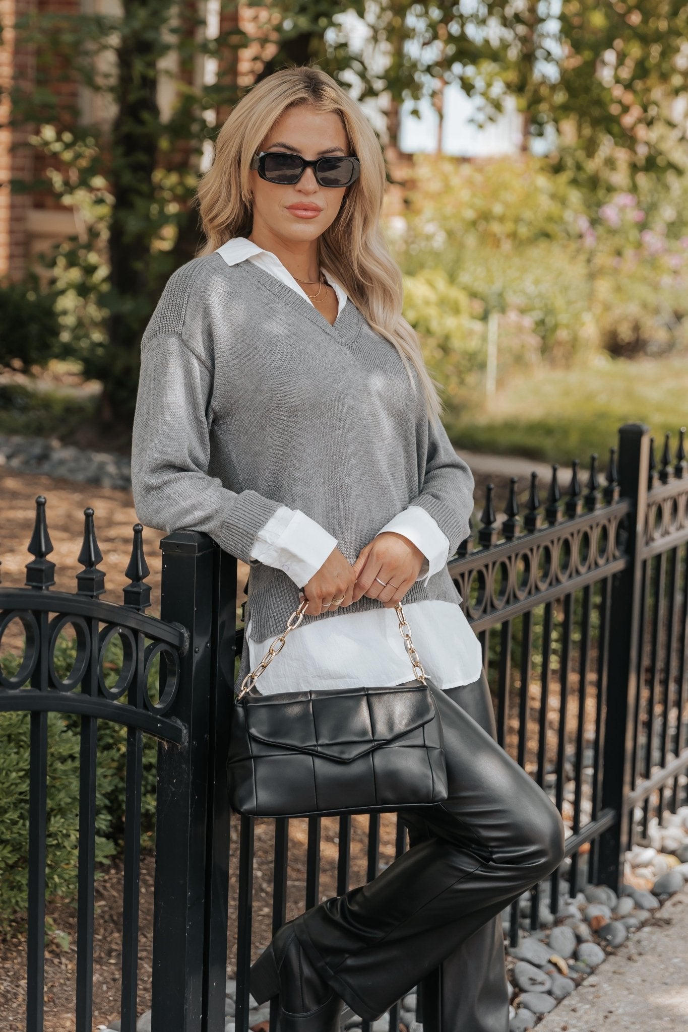 Grey Layered V Neck Ribbed Sweater - Magnolia Boutique