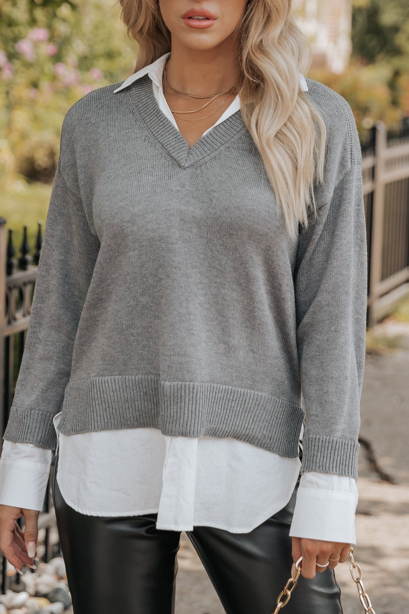 Grey Layered V Neck Ribbed Sweater - Magnolia Boutique