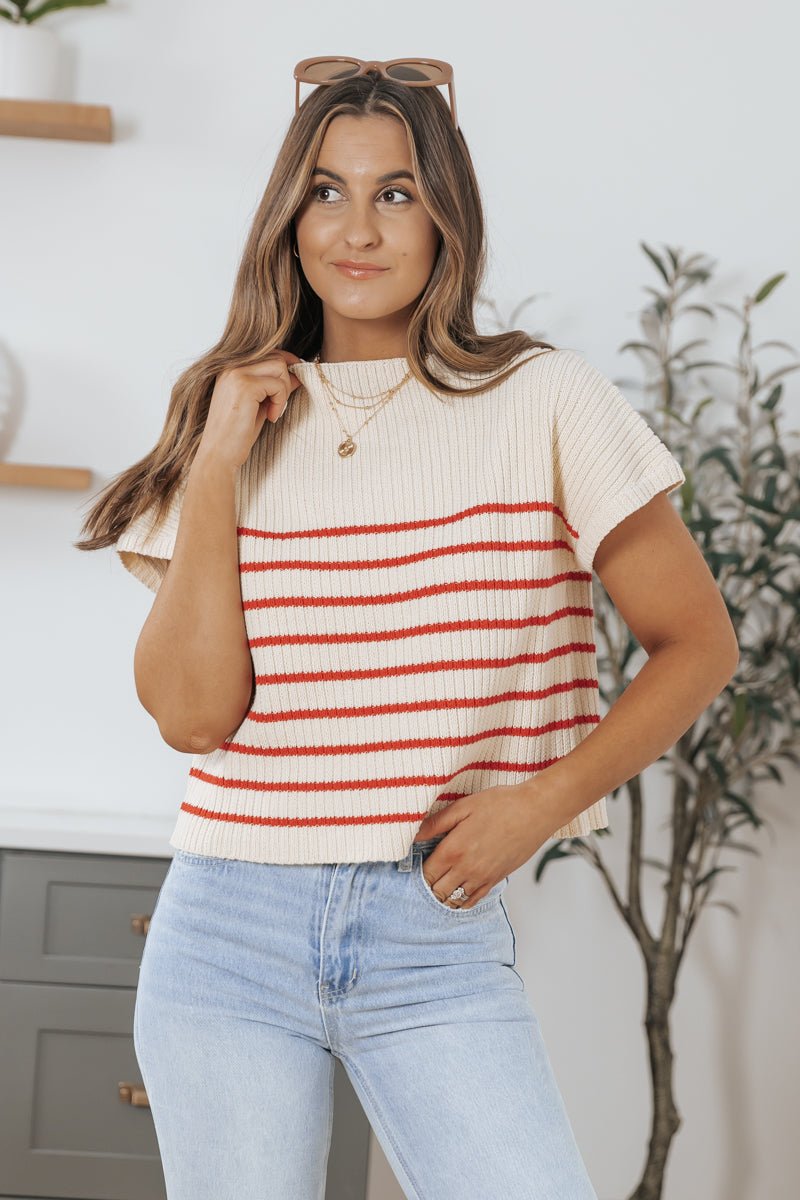 Hallie Striped Mock Neck Sweater - Red - Magnolia Boutique