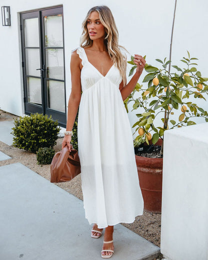 Happily Ever After White V Neck Midi Dress - Magnolia Boutique