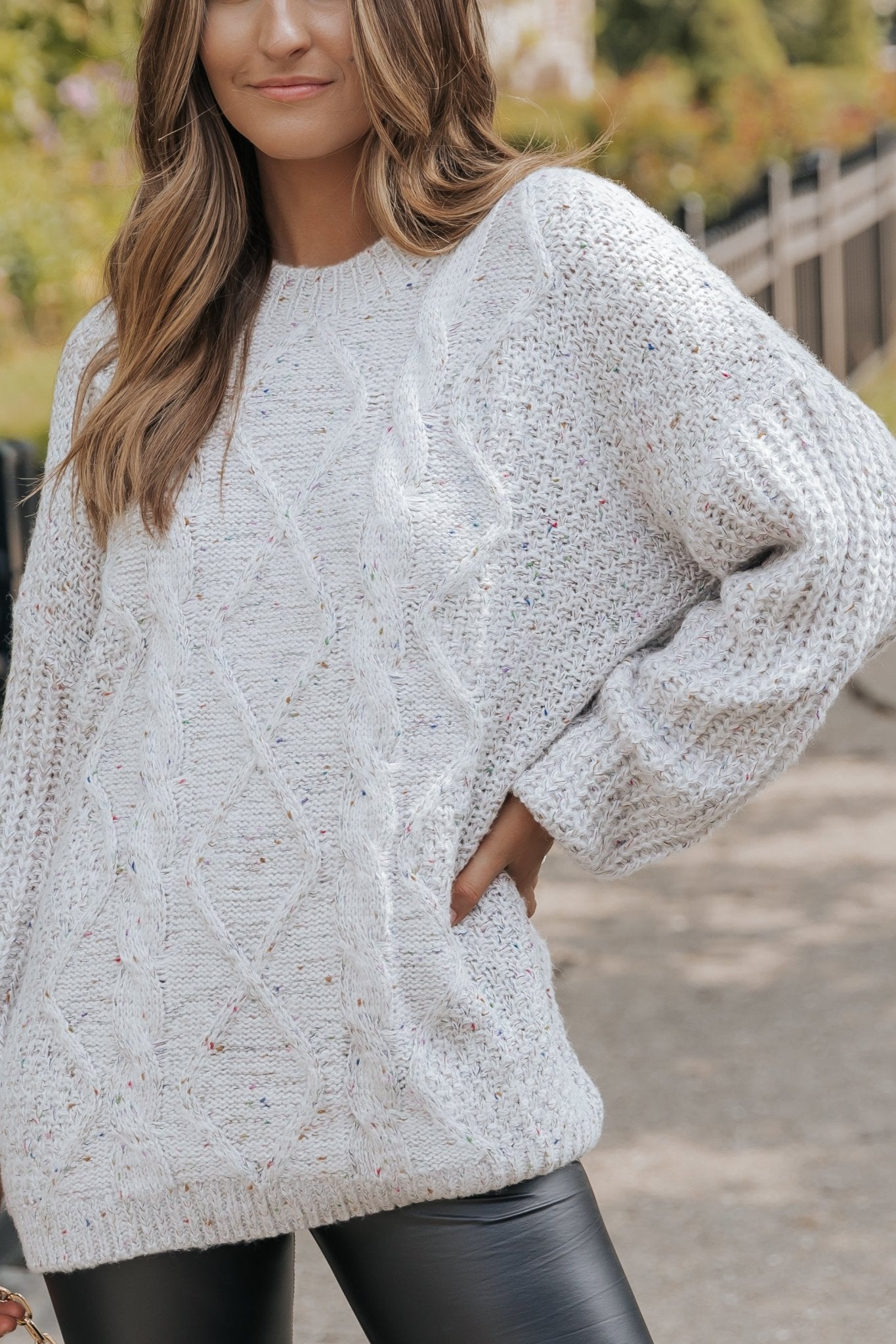 Heather Grey Confetti Cable Knit Sweater