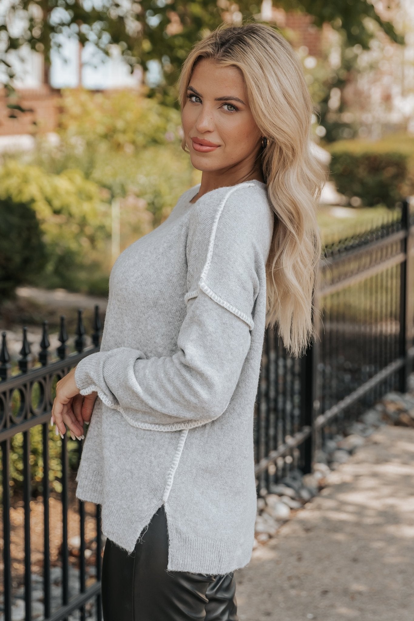 Heather Grey Ribbed Seam Detail Sweater