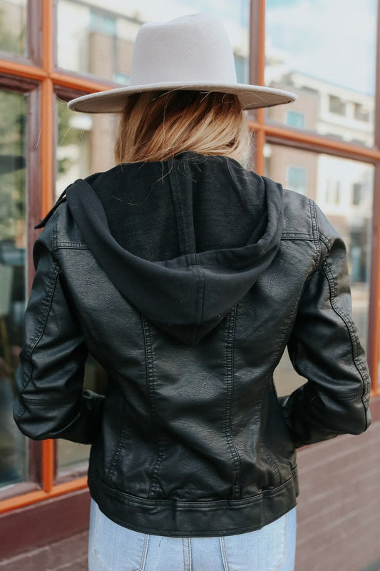 Hooded Sweatshirt Vegan Leather Black Jacket - Magnolia Boutique