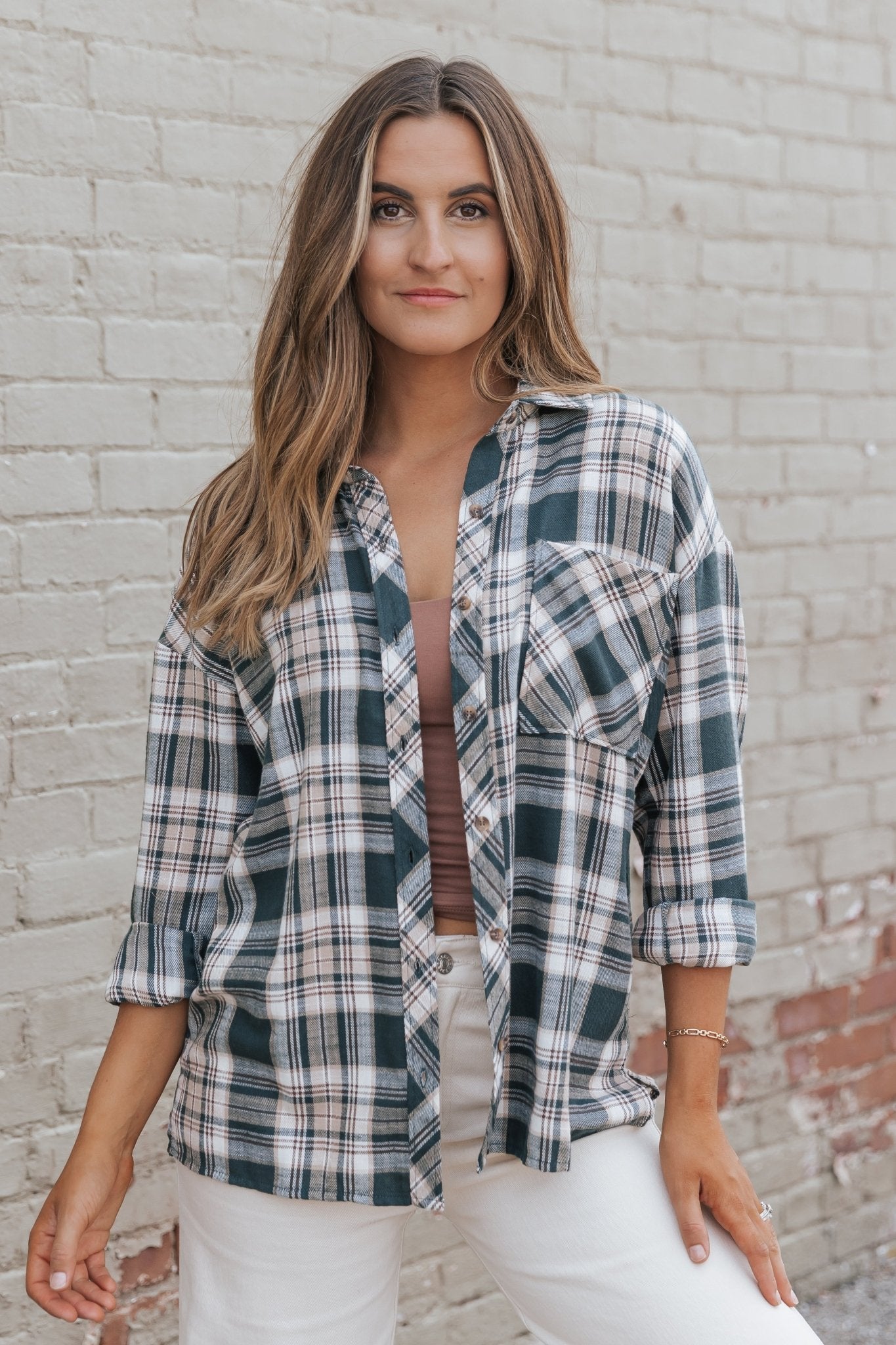 Hunter Green Combo Boyfriend Flannel Shirt