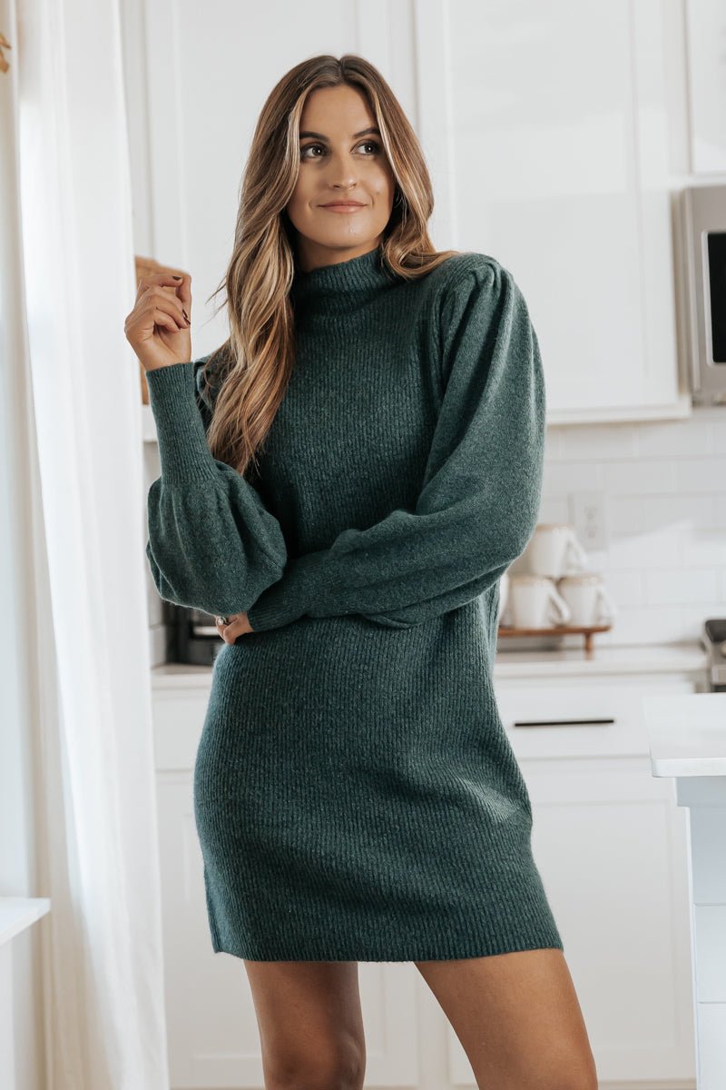 Hunter Green Mock Neck Wool Sweater Dress - Magnolia Boutique