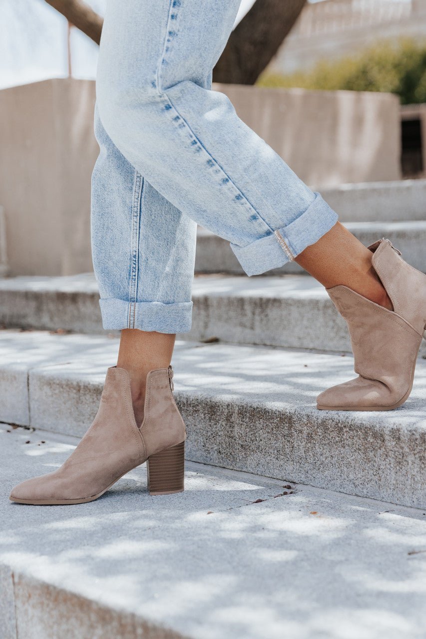 Iris Taupe Suede Pointed Toe Cutout Heeled Bootie - FINAL SALE - Magnolia Boutique