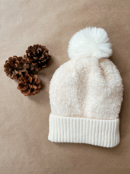 Ivory Faux Fur Teddy Pom Beanie - Magnolia Boutique