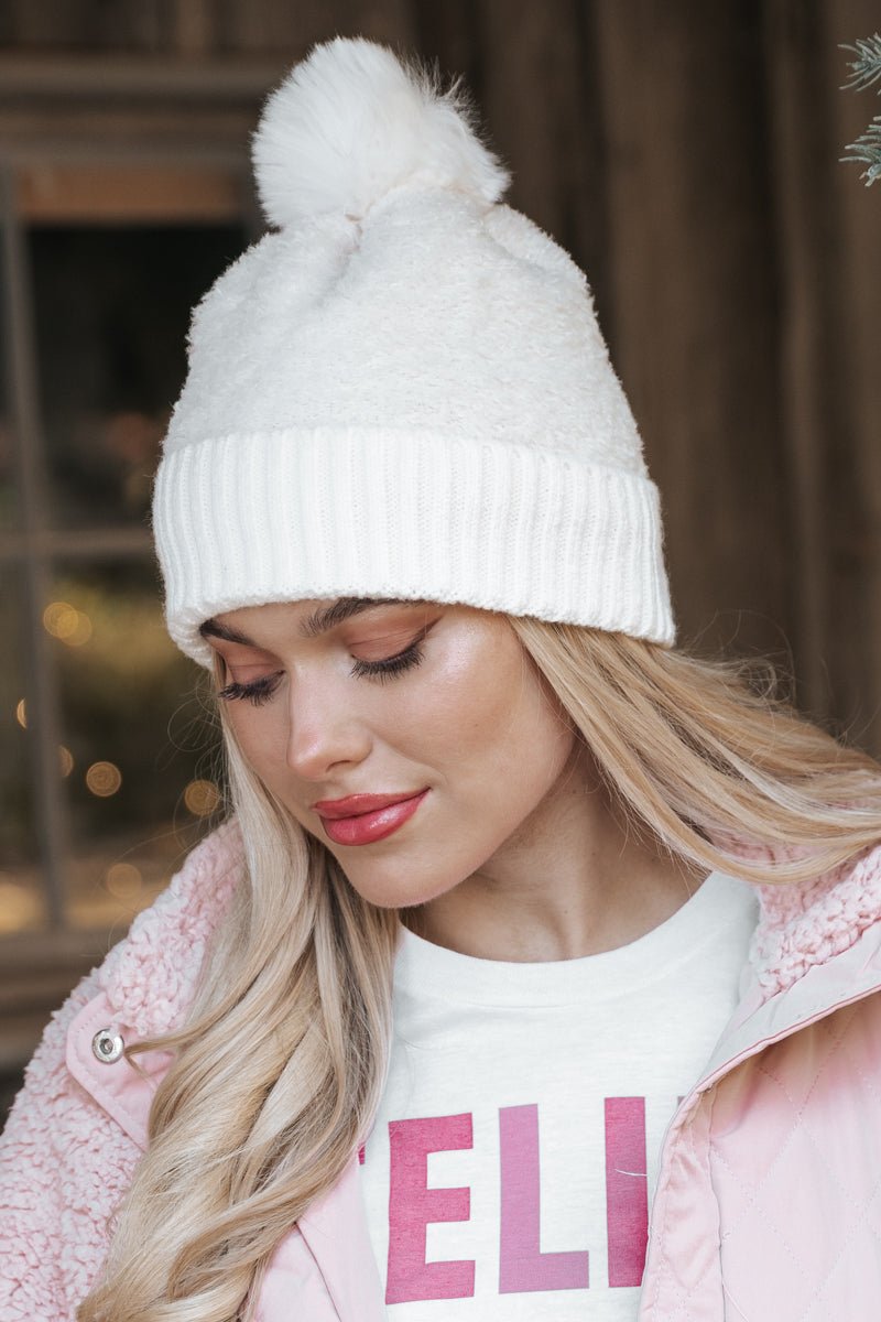 Ivory Faux Fur Teddy Pom Beanie - Magnolia Boutique